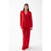 MARSiLYAN- Kadın Kırmızı Şeffaf Jakar Düğmeli Pijama Takımı