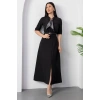 MARSiLYAN- Kadın Kısa Kollu Fular Ve Kemer Detay önden Yırtmaçlı Maxi Boy Elbise