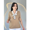 MARSiLYAN- Kadın Kısa Kollu V Yaka Fular Detay Merserize Triko Bbluz