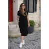 MARSiLYAN- Kadın Kısa Kollu V Yaka Kol Ve Yaka Ribana Detay Midi Boy Viskon Elbise