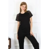 MARSiLYAN- Kadın Kolu Dantelli Penye Pijama Takım Siyah