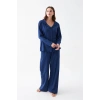 MARSiLYAN- Kadın Lacivert Düğmeli Yaka Detaylı Pamuklu Pijama Takımı