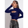 MARSiLYAN- Kadın Lacivert Göğüs Dekolteli Uzun Kollu Cut Out Crop Top Bluz