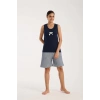 MARSiLYAN- Kadın Lacivert Kurdele Detaylı Çizgili Şortlu Pijama Takımı