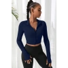 MARSiLYAN- Kadın Lacivert Uzun Kol Fermuarlı Parmak Geçme Detaylı Dik Yaka Crop Top Bluz
