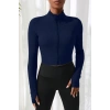 MARSiLYAN- Kadın Lacivert Uzun Kol Fermuarlı Parmak Geçme Detaylı Dik Yaka Crop Top Bluz