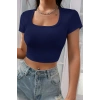 MARSiLYAN- Kadın Lacivert Yarım Kol Düz Yaka Crop Top Bluz