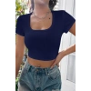 MARSiLYAN- Kadın Lacivert Yarım Kol Düz Yaka Crop Top Bluz