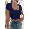 MARSiLYAN- Kadın Lacivert Yarım Kol Düz Yaka Crop Top Bluz