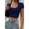 MARSiLYAN- Kadın Lacivert Yarım Kol Düz Yaka Crop Top Bluz