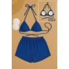 MARSiLYAN- Kadın Mavi Şortlu Belden ve Boyundan Bağlamalı Bikini Takımı