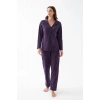 MARSiLYAN- Kadın Mor Düğmeli Yaka Detaylı Desenli Pamuklu Pijama Takımı