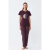 MARSiLYAN- Kadın Mürdüm Papatya Baskılı Kısa Kollu Penye Pijama Takımı