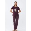 MARSiLYAN- Kadın Mürdüm Papatya Baskılı Kısa Kollu Penye Pijama Takımı