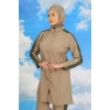 MARSiLYAN- Kadın Pantolonlu Kolu Şeritli Tam Tesettür Mayo Bej