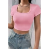 MARSiLYAN- Kadın Pembe Yarım Kol Düz Yaka Crop Top Bluz