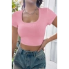 MARSiLYAN- Kadın Pembe Yarım Kol Düz Yaka Crop Top Bluz