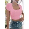 MARSiLYAN- Kadın Pembe Yarım Kol Düz Yaka Crop Top Bluz