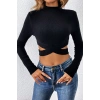 MARSiLYAN- Kadın Siyah Çapraz Bel Detaylı Dik Yaka Uzun Kol Crop Top Bluz