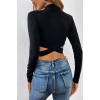 MARSiLYAN- Kadın Siyah Çapraz Bel Detaylı Dik Yaka Uzun Kol Crop Top Bluz