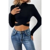 MARSiLYAN- Kadın Siyah Çapraz Bel Detaylı Dik Yaka Uzun Kol Crop Top Bluz