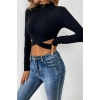 MARSiLYAN- Kadın Siyah Çapraz Bel Detaylı Dik Yaka Uzun Kol Crop Top Bluz