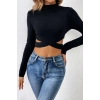 MARSiLYAN- Kadın Siyah Çapraz Bel Detaylı Dik Yaka Uzun Kol Crop Top Bluz