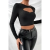 MARSiLYAN- Kadın Siyah Göğüs Dekolteli Çapraz Askılı Uzun Kollu Crop Top Bluz