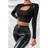MARSiLYAN- Kadın Siyah Göğüs Dekolteli Çapraz Askılı Uzun Kollu Crop Top Bluz