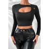 MARSiLYAN- Kadın Siyah Göğüs Dekolteli Çapraz Askılı Uzun Kollu Crop Top Bluz