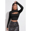 MARSiLYAN- Kadın Siyah Göğüs Dekolteli Uzun Kollu Cut Out Crop Top Bluz