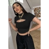 MARSiLYAN- Kadın Siyah Göğüs Dekolteli Yarım Kollu Cut Out Crop Top Bluz