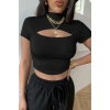 MARSiLYAN- Kadın Siyah Göğüs Dekolteli Yarım Kollu Cut Out Crop Top Bluz