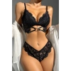 MARSiLYAN- Kadın Siyah Kalp Tokalı Çapraz Lastik Detaylı Dantel İç Çamaşır Takımı