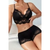 MARSiLYAN- Kadın Siyah Kaşkorse ve Dantel Detaylı Şortlu Gecelik Takım
