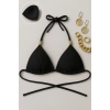 MARSiLYAN- Kadın Siyah Pedli Üçgen Bikini Üstü Halter Bağlamalı Aksesuarlı