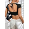 MARSiLYAN- Kadın Siyah Sırt Dekolteli ve Boyundan Bağlamalı Yarım Kol Crop Top Bluz
