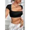 MARSiLYAN- Kadın Siyah Sırt Dekolteli ve Boyundan Bağlamalı Yarım Kol Crop Top Bluz