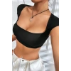 MARSiLYAN- Kadın Siyah Sırt Dekolteli ve Boyundan Bağlamalı Yarım Kol Crop Top Bluz