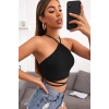 MARSiLYAN- Kadın Siyah Sırtı Açık Boyundan Çapraz Bağlamalı Crop Top Bluz