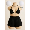 MARSiLYAN- Kadın Siyah Şortlu Belden ve Boyundan Bağlamalı Bikini Takımı
