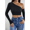 MARSiLYAN- Kadın Siyah Tek Omuz Detaylı Uzun Kol Crop Top Bluz