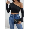MARSiLYAN- Kadın Siyah Tek Omuz Detaylı Uzun Kol Crop Top Bluz