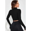MARSiLYAN- Kadın Siyah Uzun Kol Fermuarlı Parmak Geçme Detaylı Dik Yaka Crop Top Bluz
