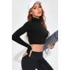 MARSiLYAN- Kadın Siyah Uzun Kol Fermuarlı Parmak Geçme Detaylı Dik Yaka Crop Top Bluz