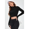 MARSiLYAN- Kadın Siyah Uzun Kol Fermuarlı Parmak Geçme Detaylı Dik Yaka Crop Top Bluz