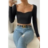 MARSiLYAN- Kadın Siyah Uzun Kol Göğüs Dekolteli Şık Crop Top Bluz