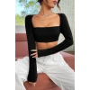 MARSiLYAN- Kadın Siyah Uzun Kol Göğüs ve Sırt Dekolteli Crop Top Bluz