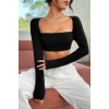 MARSiLYAN- Kadın Siyah Uzun Kol Göğüs ve Sırt Dekolteli Crop Top Bluz