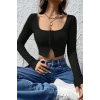 MARSiLYAN- Kadın Siyah Uzun Kollu Agraflı Göğüs ve Göbek Dekolteli Crop Top Bluz